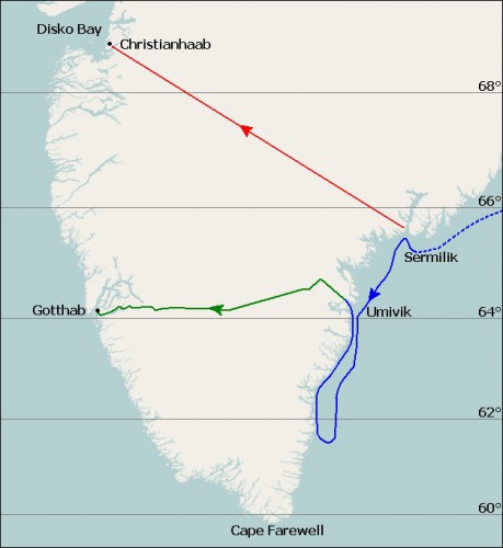 Красная линия - планировавшийся маршрут;<br />Синяя - плавание на &quot;Язоне&quot; и дрейф по льдам до Умивик-фьорда;<br />зеленая - реальный маршрут
