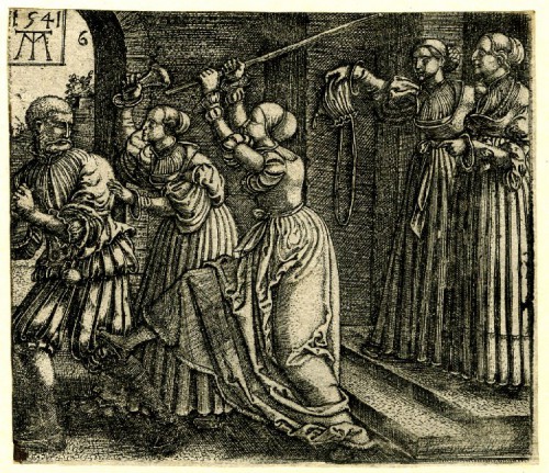 Куртизанки выкидывают блудного сына из борделя, одна куртизанка держит пустой кошелек с ног на голову. Гравюра 1541г.