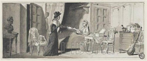 Шарлотта Корде, подающая письмо Марату 13 июля 1793 года. 1793. Неизвестный художник французской школы. Лувр.