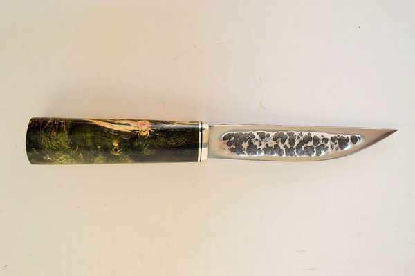 Нож Якутский средний №19 из Х12МФ с кованым долом, рукоять стабилизированное дерево, латунь, мельхиор, фибра. Цена: 6200руб.
